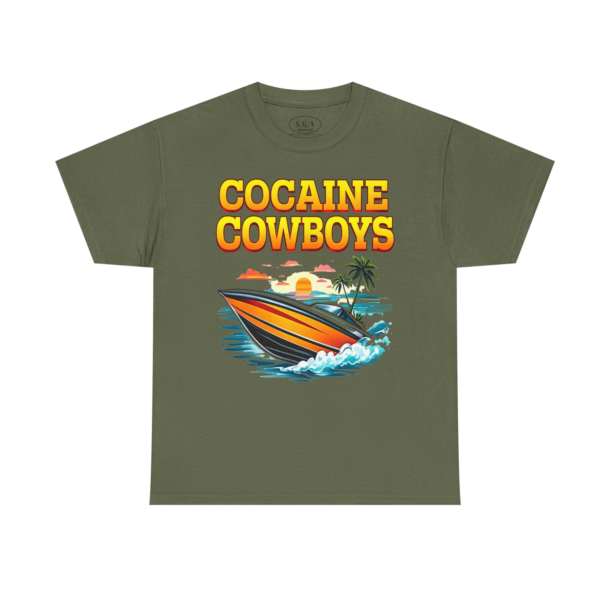 Cocaine Cowboys Boat Graphic T-Shirt – Miami Vice Style Speedboat Tee | Retro Ocean Streetwear Shirt | Smack God Apparel