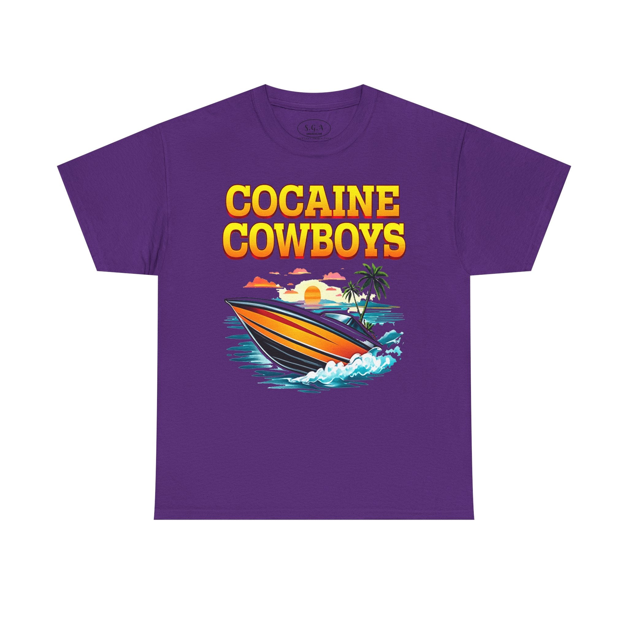 Cocaine Cowboys Boat Graphic T-Shirt – Miami Vice Style Speedboat Tee | Retro Ocean Streetwear Shirt | Smack God Apparel