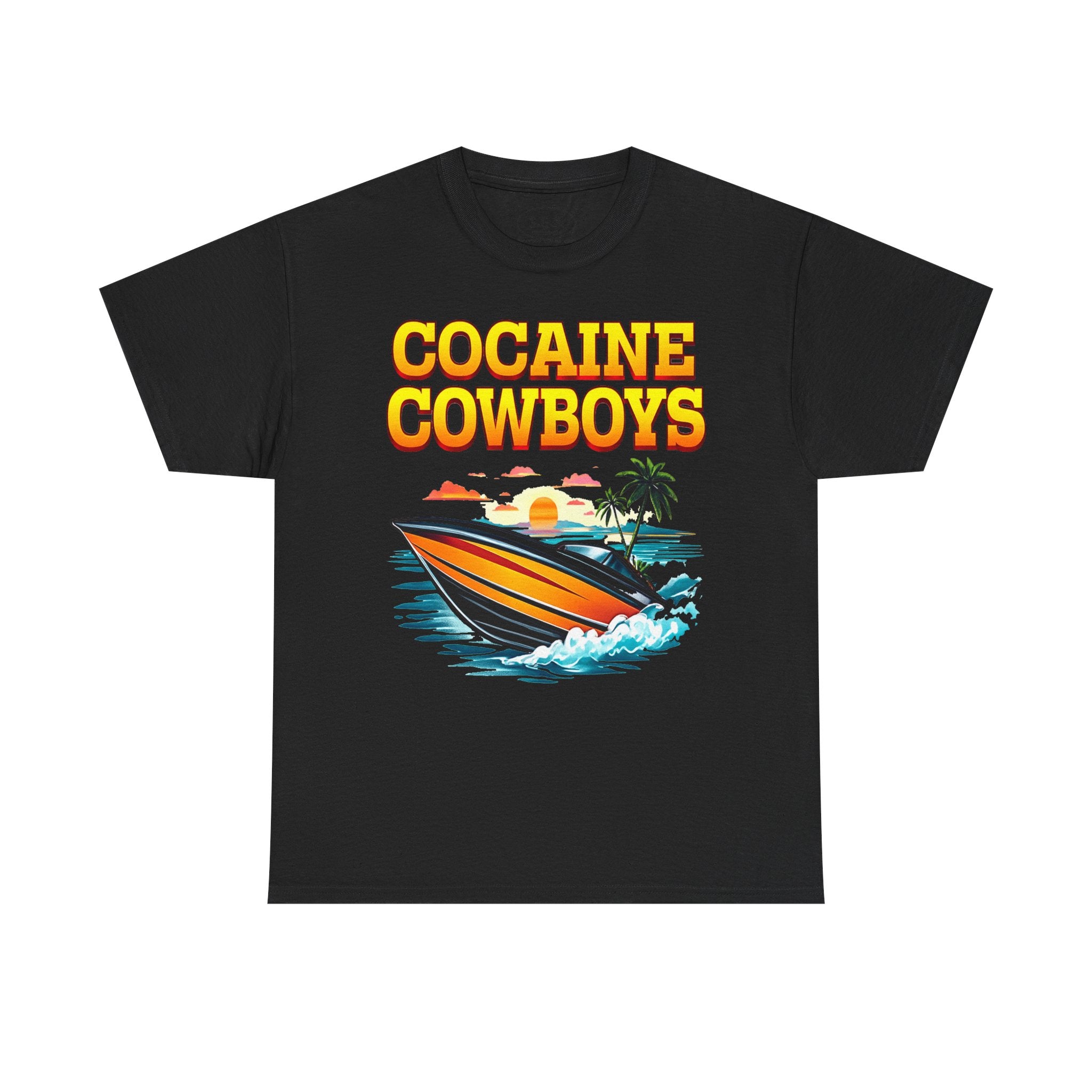 Cocaine Cowboys Boat Graphic T-Shirt – Miami Vice Style Speedboat Tee | Retro Ocean Streetwear Shirt | Smack God Apparel