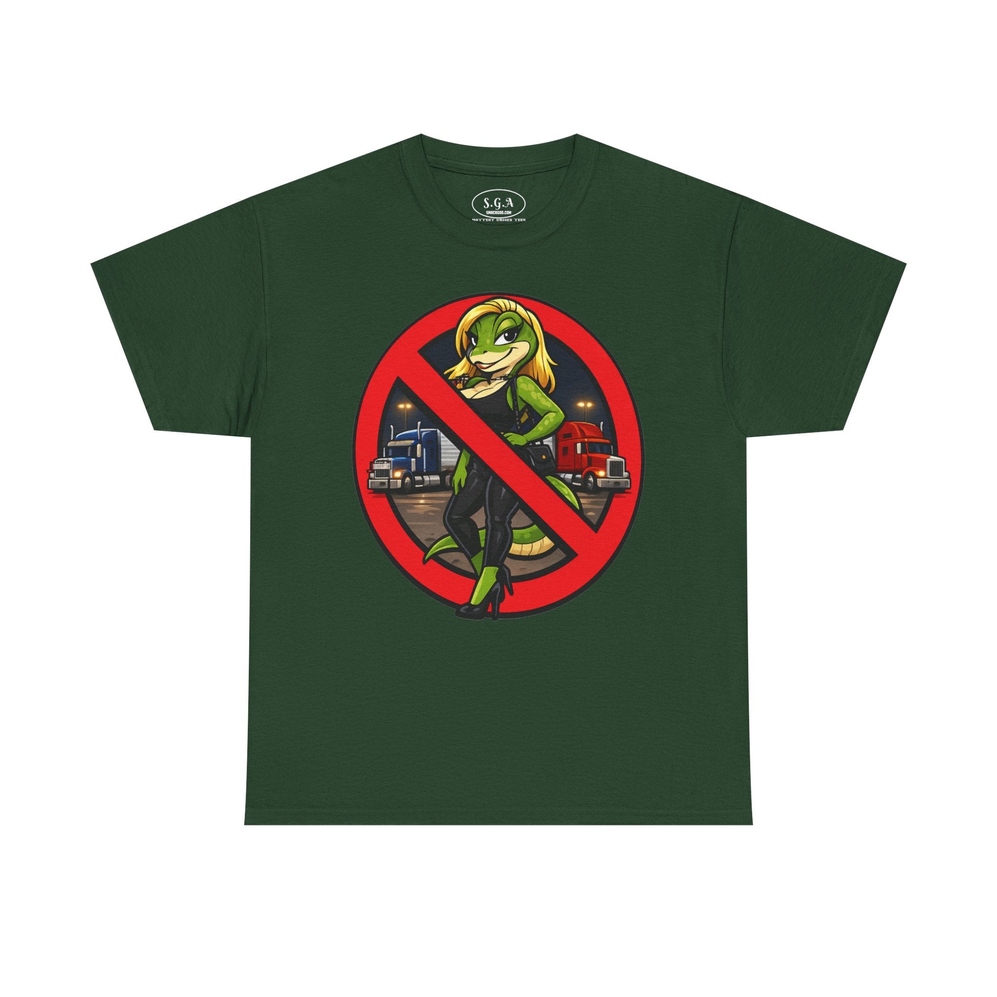 Smack God Apparel “No Entry Lot Lizard ” Graphic T-Shirt – Funny Trucker Humor Tee | Bold Cartoon Streetwear Shirt | Viral Graphic Tee