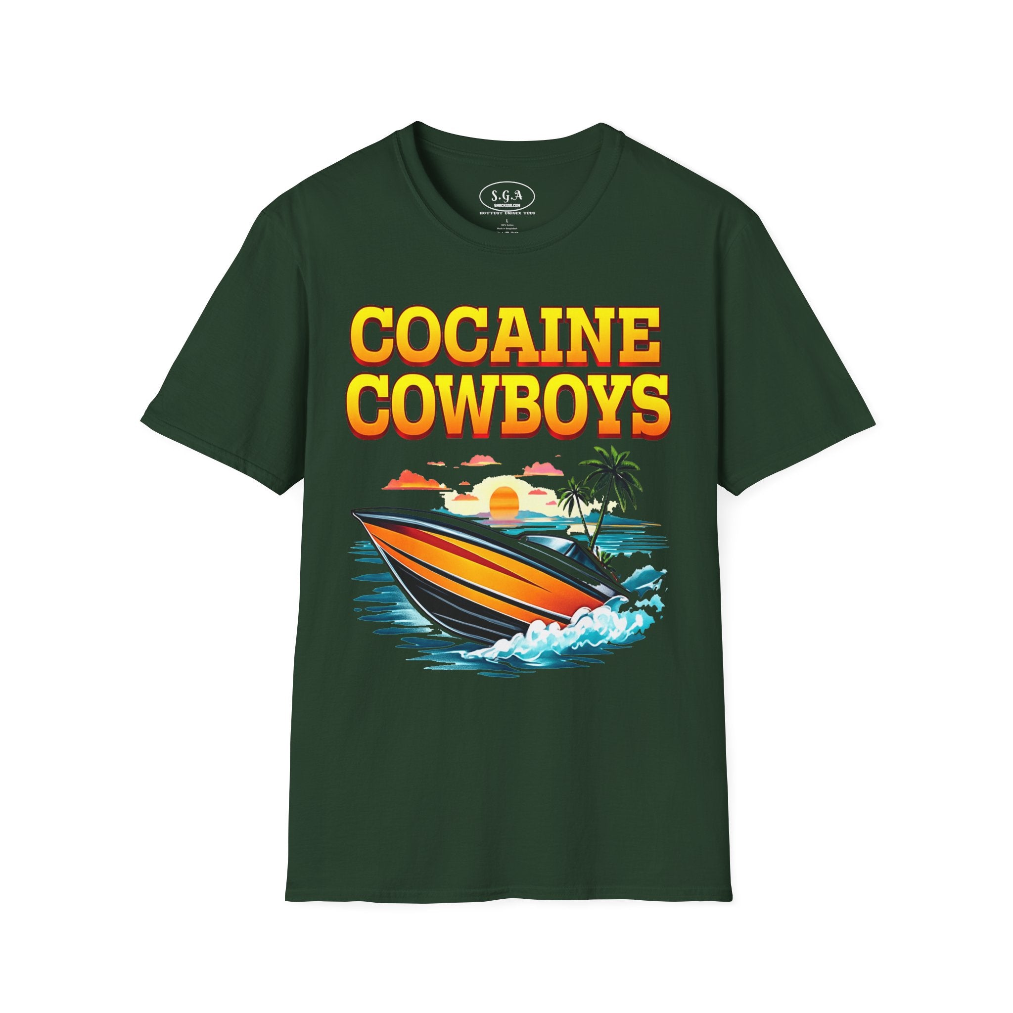 Cocaine Cowboys Boat Graphic T-Shirt – Miami Vice Style Speedboat Tee | Retro Ocean Streetwear Shirt | Smack God Apparel
