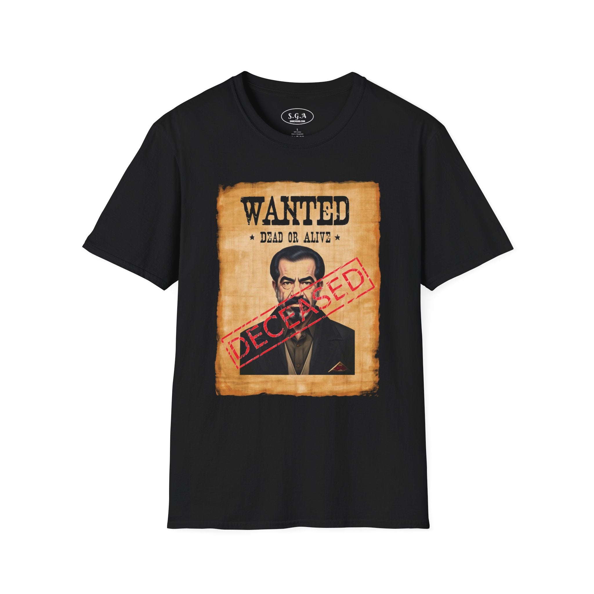 Smack God Apparel “WANTED:” Graphic T-Shirt – Saddam Hussein Tee | Vintage Western Poster Shirt | Rebel Energy Graphic Tee
