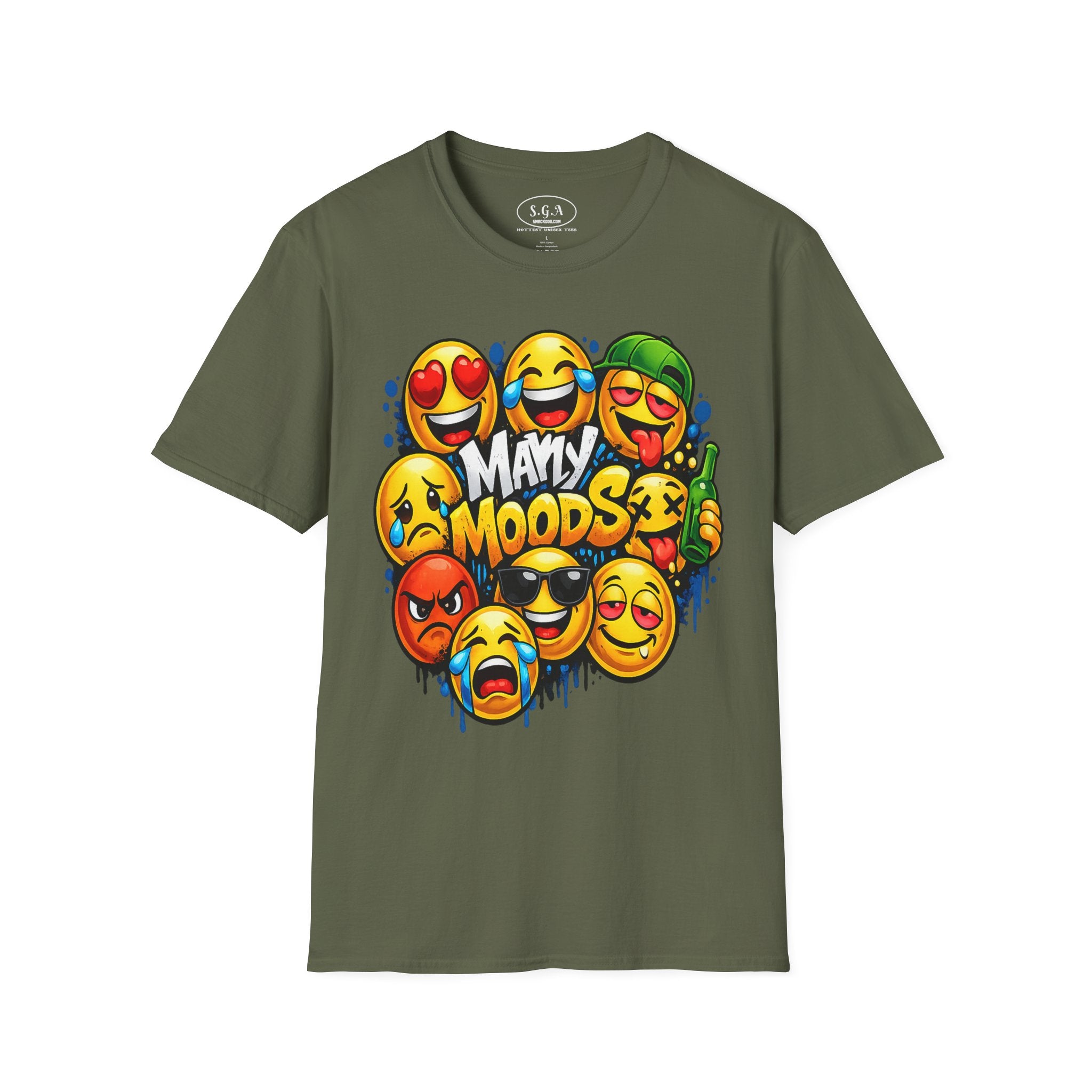 Many Moods Emoji Graphic T-Shirt – Funny Mood Faces Streetwear Tee | Viral Meme Expression Shirt | Smack God Apparel