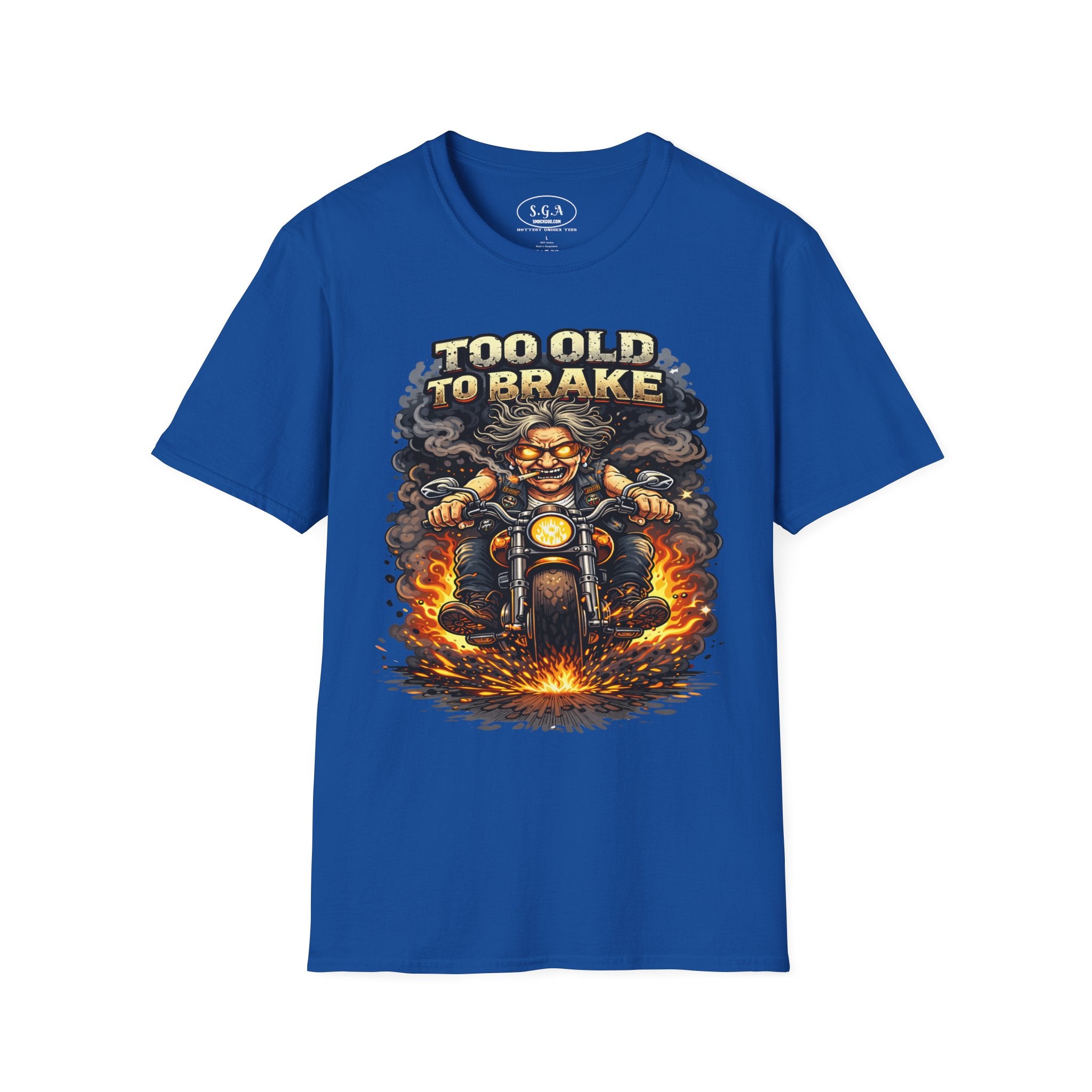Too Old To Brake Biker T-Shirt – Smack God Apparel | Funny Motorcycle Graphic Tee | Vintage Biker Humor Shirt | Badass Rider T-Shirt