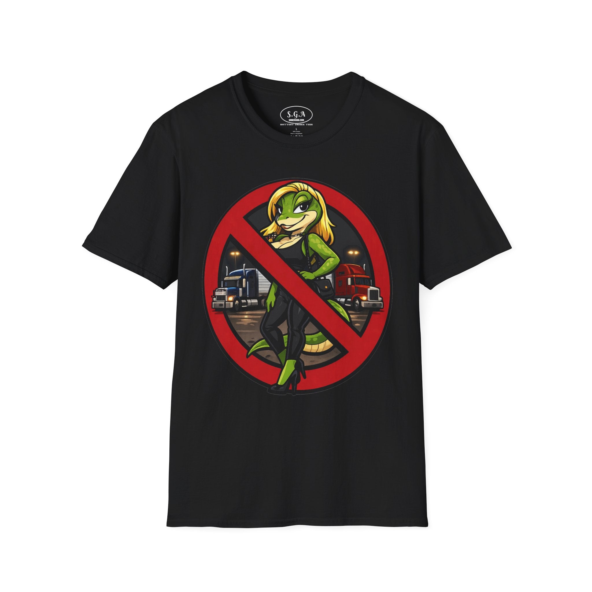 Smack God Apparel “No Entry Lot Lizard ” Graphic T-Shirt – Funny Trucker Humor Tee | Bold Cartoon Streetwear Shirt | Viral Graphic Tee