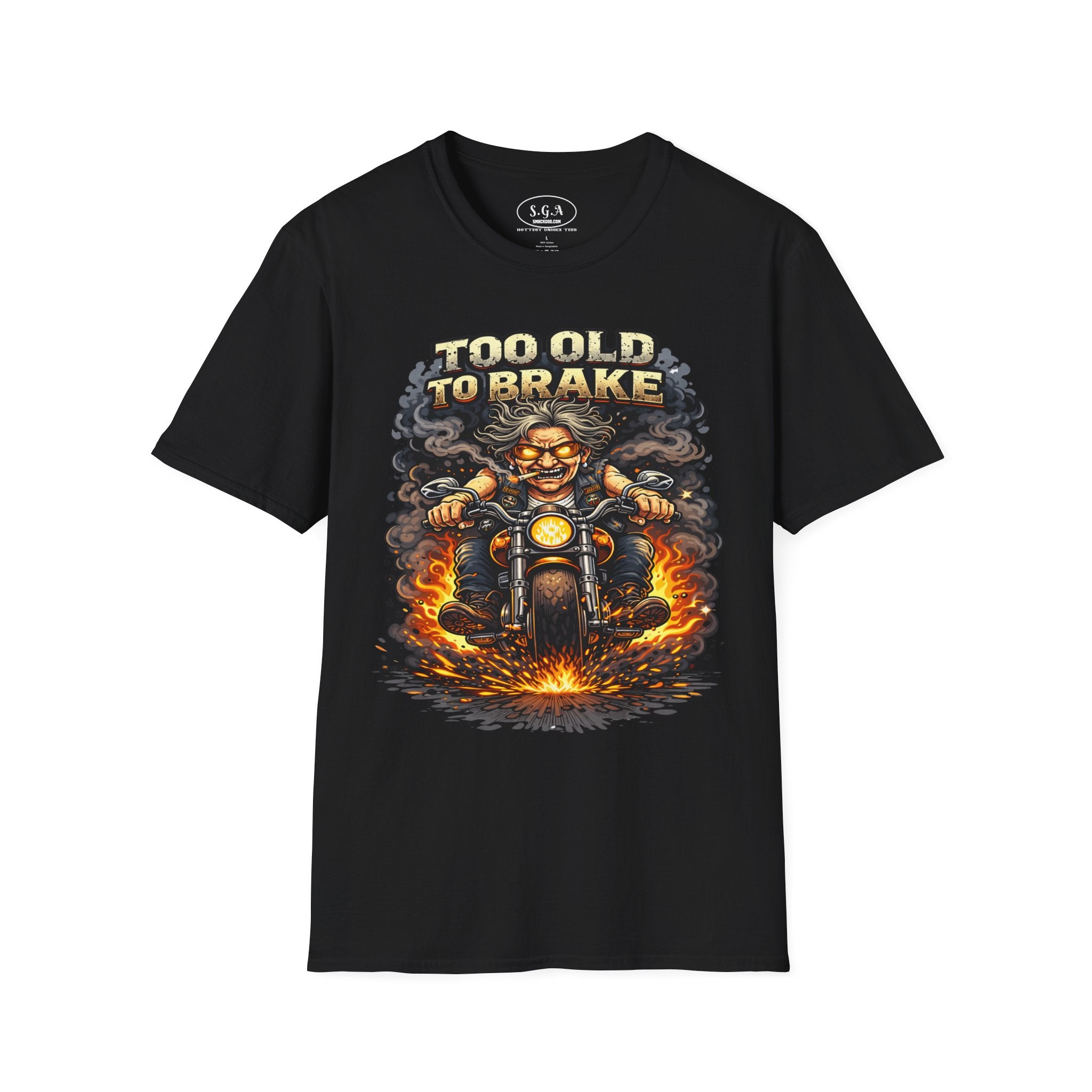 Too Old To Brake Biker T-Shirt – Smack God Apparel | Funny Motorcycle Graphic Tee | Vintage Biker Humor Shirt | Badass Rider T-Shirt