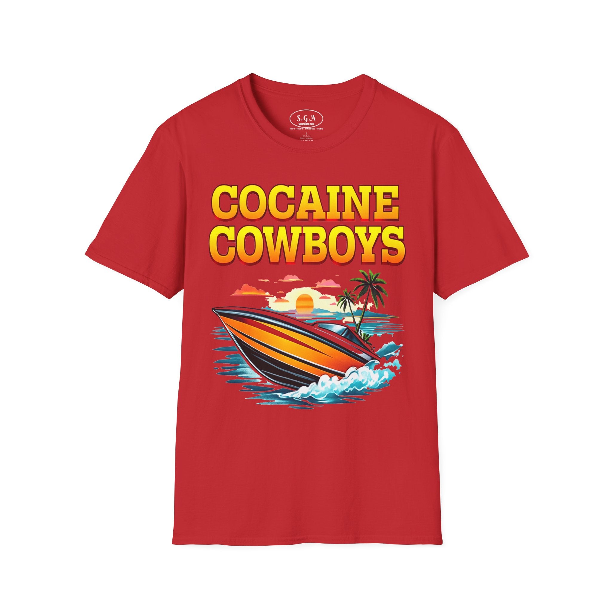 Cocaine Cowboys Boat Graphic T-Shirt – Miami Vice Style Speedboat Tee | Retro Ocean Streetwear Shirt | Smack God Apparel