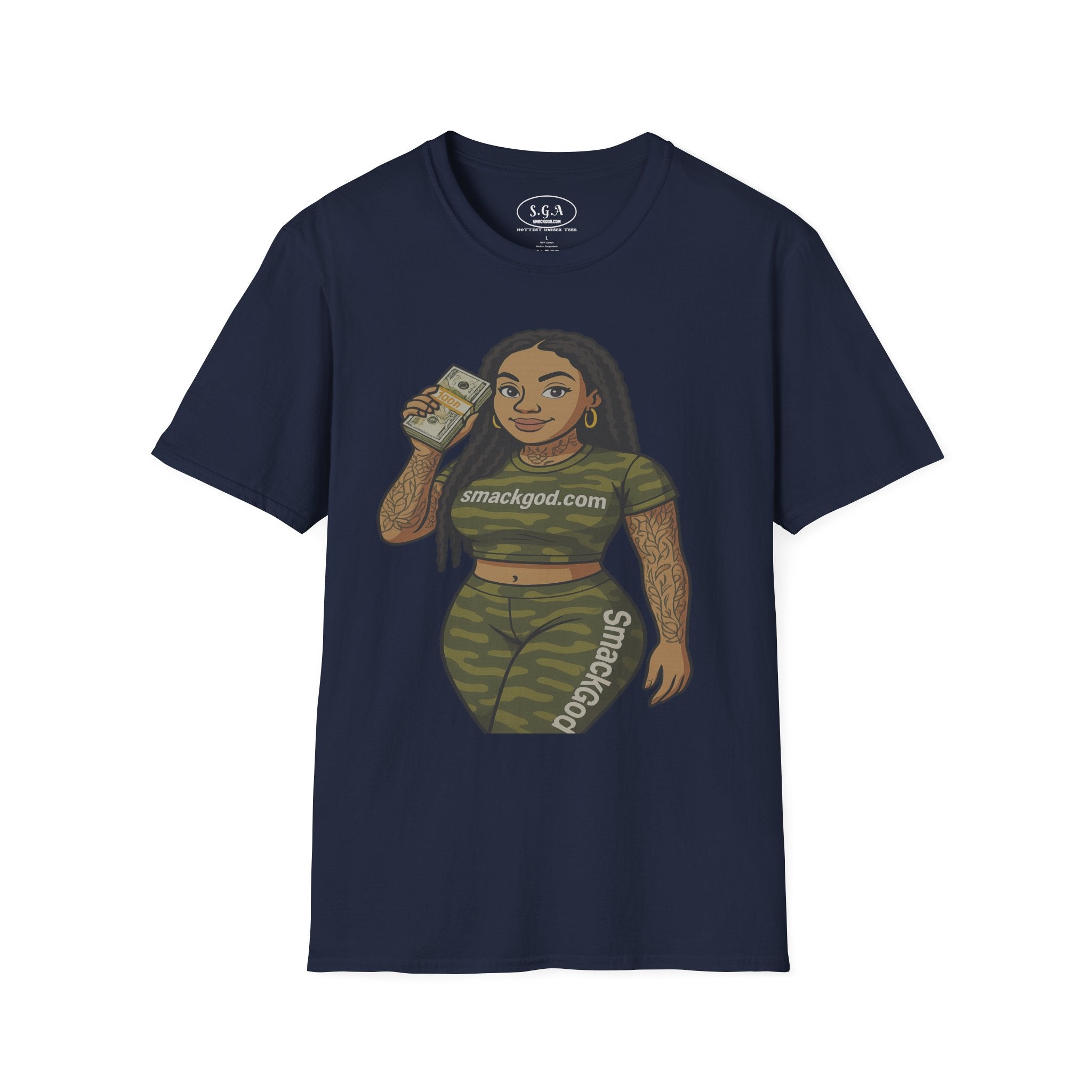 Camo Cartoon Girl Graphic T-Shirt – Urban Streetwear Tee | Money Hustle Aesthetic Shirt | Smack God Apparel