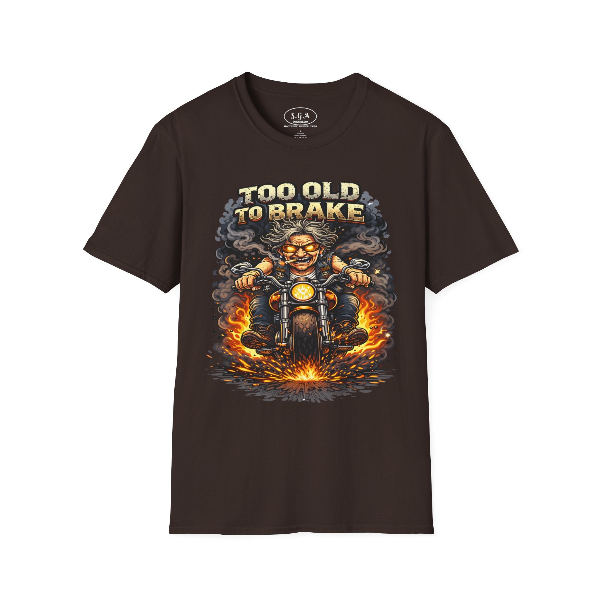 Too Old To Brake Biker T-Shirt – Smack God Apparel | Funny Motorcycle Graphic Tee | Vintage Biker Humor Shirt | Badass Rider T-Shirt