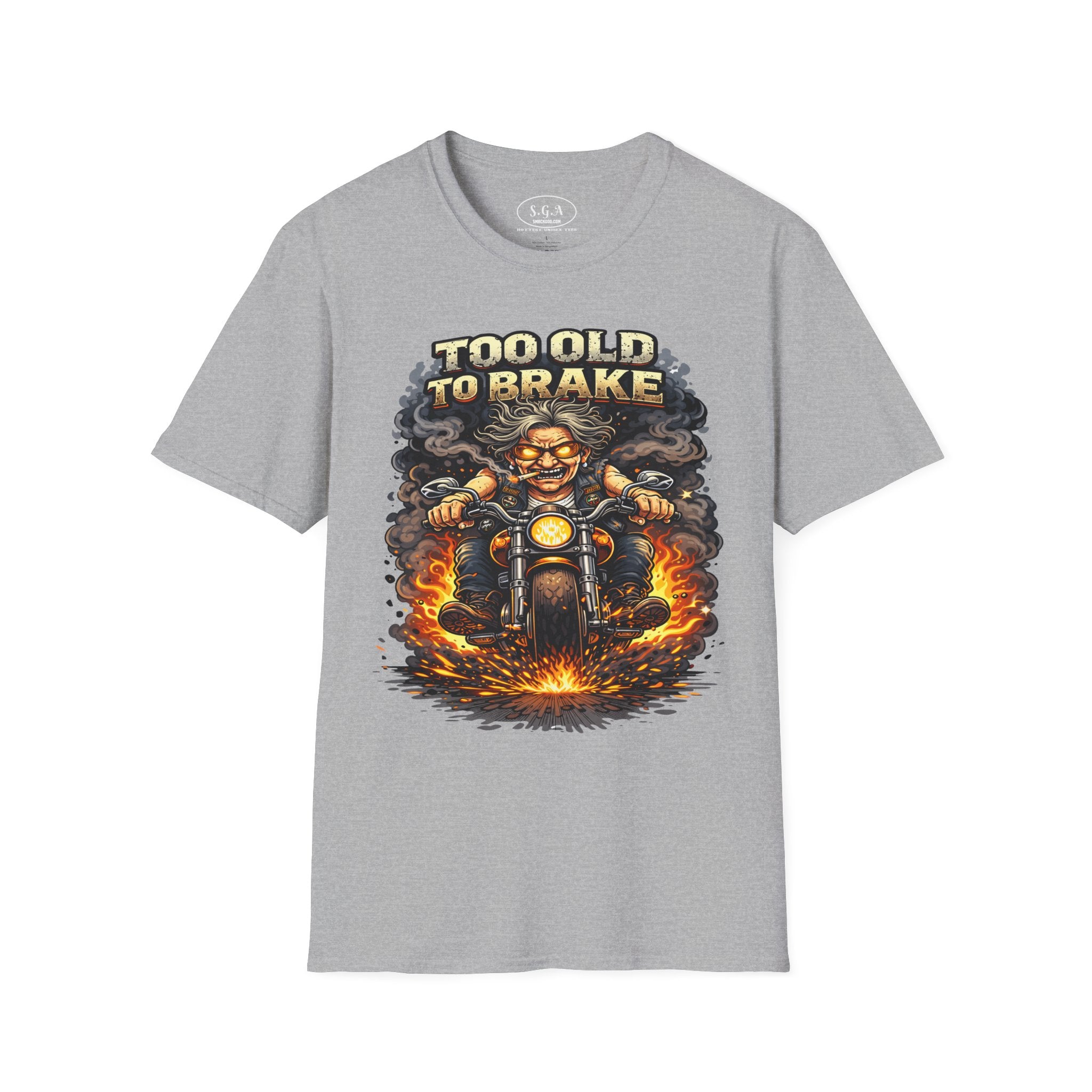 Too Old To Brake Biker T-Shirt – Smack God Apparel | Funny Motorcycle Graphic Tee | Vintage Biker Humor Shirt | Badass Rider T-Shirt
