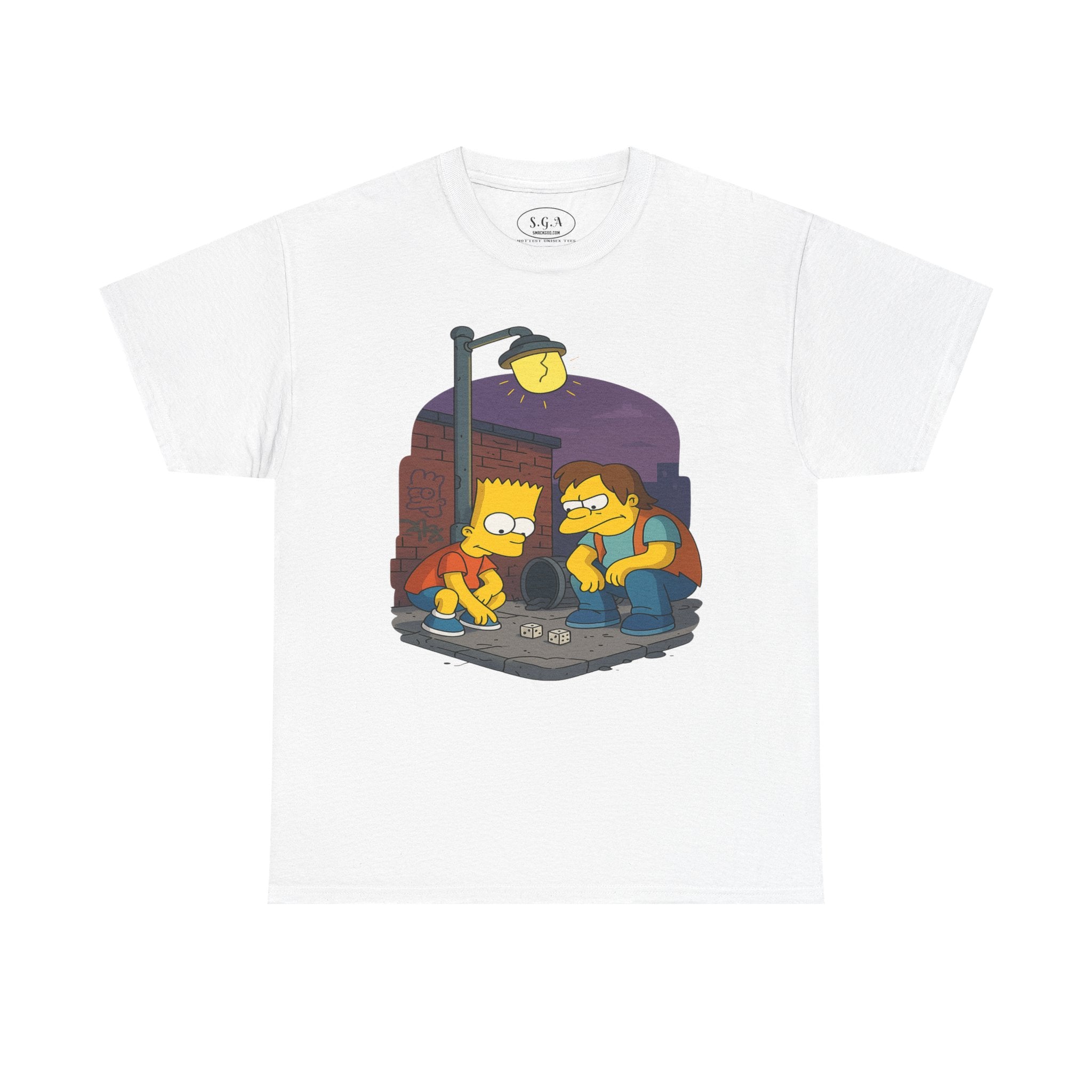 Smack God Apparel “Street Dice Hustle” Graphic T-Shirt – Bart Simpson & Nelson Inspired Tee | Urban Cartoon Streetwear Shirt | Retro Dice Game Graphic Tee
