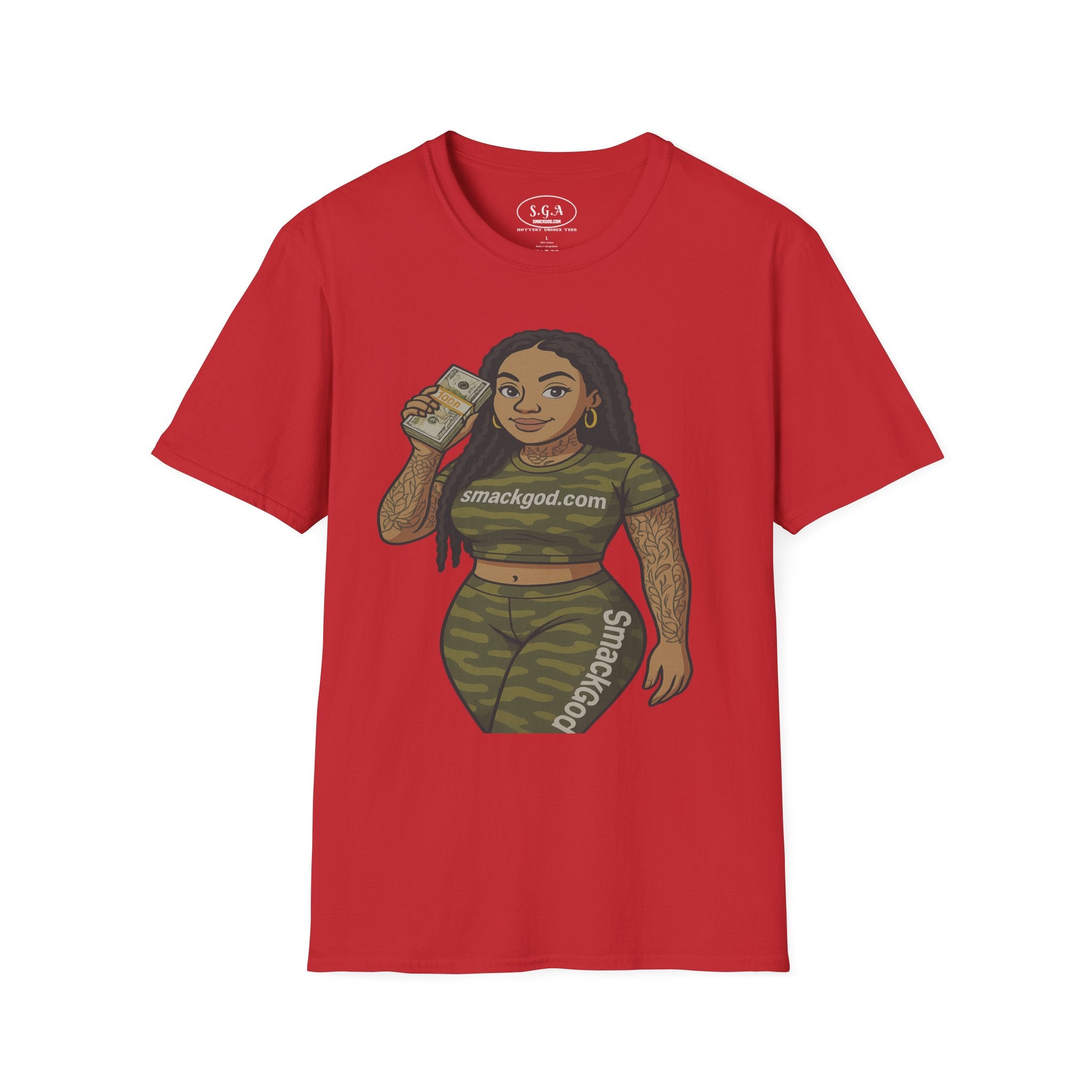 Camo Cartoon Girl Graphic T-Shirt – Urban Streetwear Tee | Money Hustle Aesthetic Shirt | Smack God Apparel